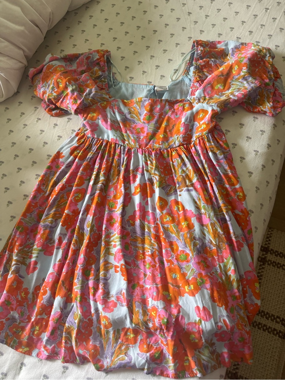 Floral Puff-Sleeve Mini Dress in Pink & Orange